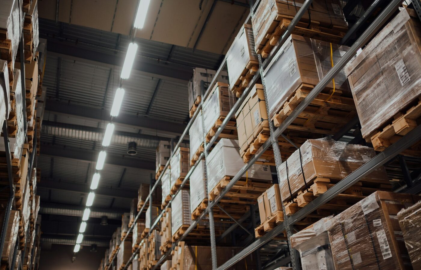 Pallets stored in a distribution warehouse